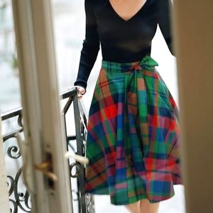 Anthropologie Mauve Green Blue Red plaid midi bow Vintage skirt 6